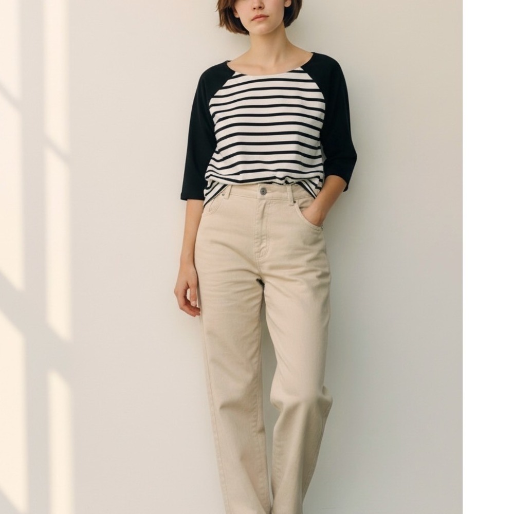 J.Crew Striped Sailor Boat Neck‎  3/4 Sleeve Top Cotton Black Cream Size S